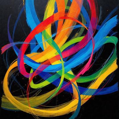 The primary subject of the image is a colorful painting or drawing, featuring a mix of yellow, blue, red, and green colors. The setting is a black background, which contrasts with the vibrant colors of the artwork. The visual style appears to be a combination of digital art and illustration, as the colors and patterns are intricately detailed. The overall atmosphere of the image is lively and energetic, with the bold colors and swirling patterns creating a sense of movement and dynamism.